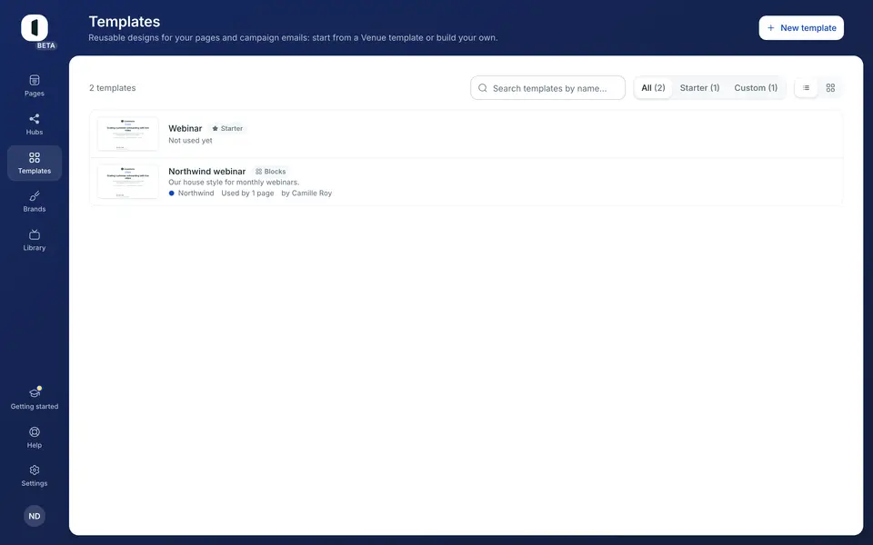 Open the Templates tab. You'll find the Starter and your custom templates, with the All / Starter / Custom filters.