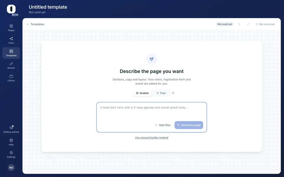Click “New template”: the editor opens on a blank template, where you design it section by section or with AI, like a page.
