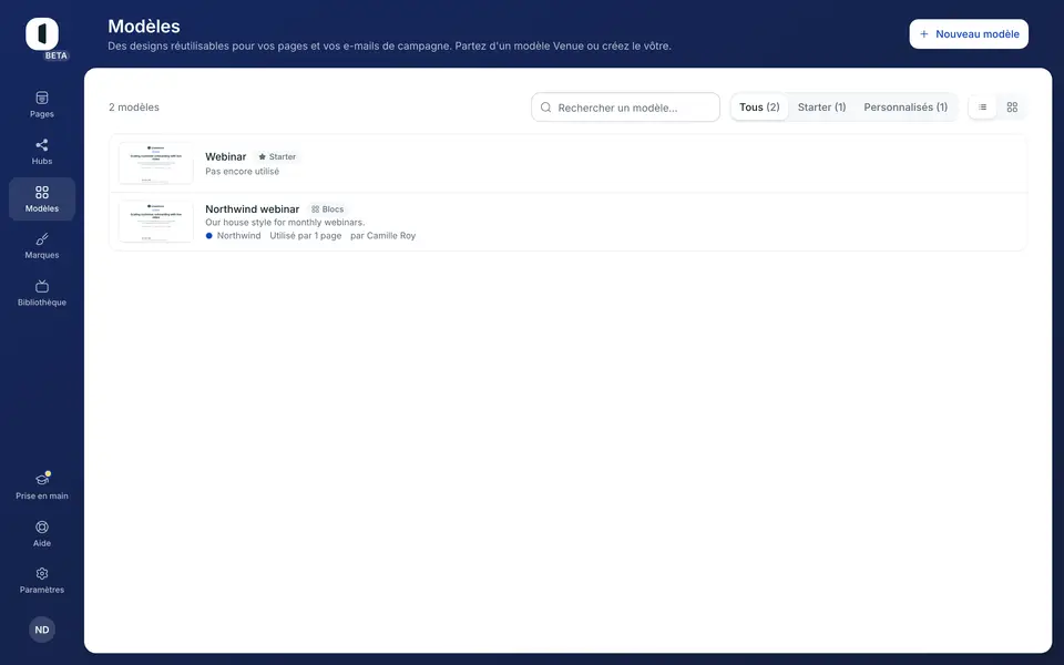 Ouvrez l'onglet Modèles. Vous y retrouvez le Starter et vos modèles personnalisés, avec les filtres Tous / Starter / Personnalisés.
