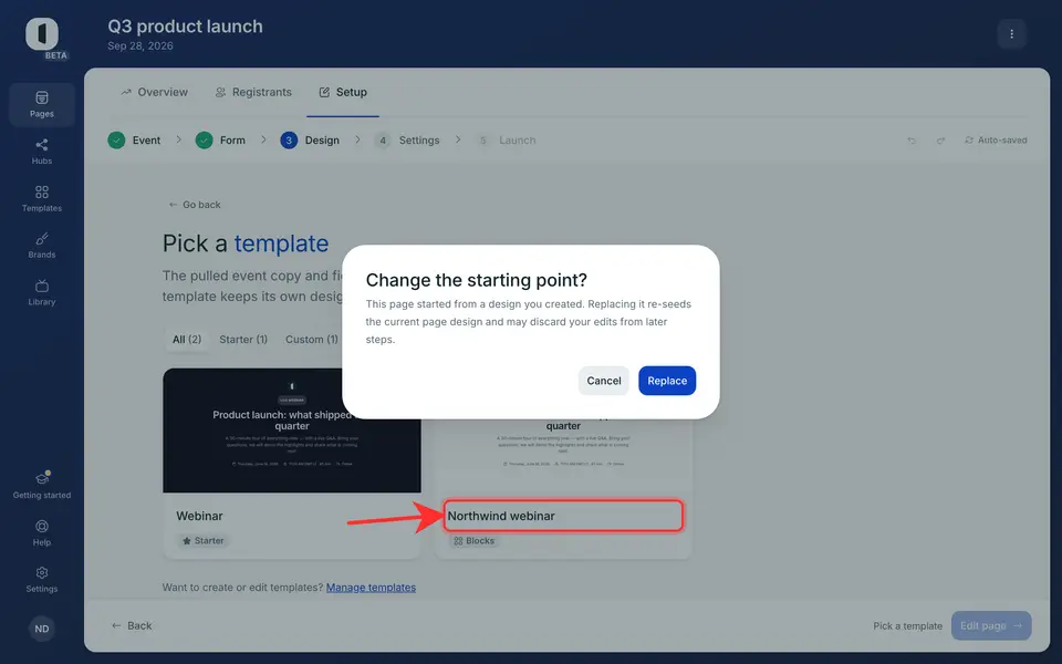 Click a card: the page adopts that template’s design and opens in the editor. When the page already has a design, you are asked first (“Change the starting point?”): “Replace” applies the template.