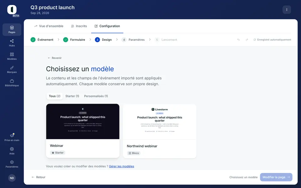 Le contenu et les champs de l'événement importé sont appliqués automatiquement ; chaque modèle conserve son propre design.