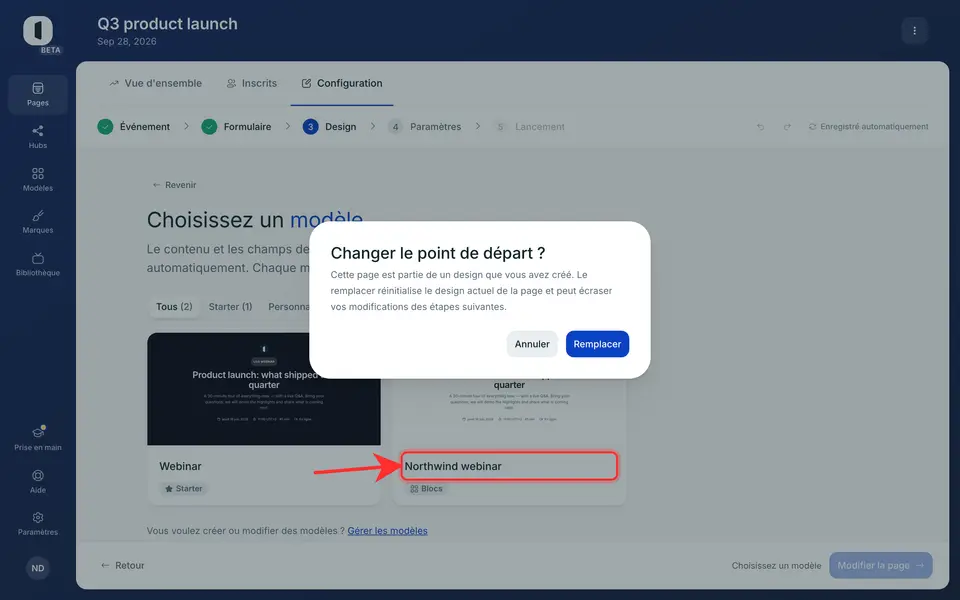 Cliquez sur une carte : la page adopte le design de ce modèle et s'ouvre dans l'éditeur. Si la page a déjà un design, une confirmation vous est d'abord demandée (« Changer le point de départ ? ») : « Remplacer » applique le modèle.