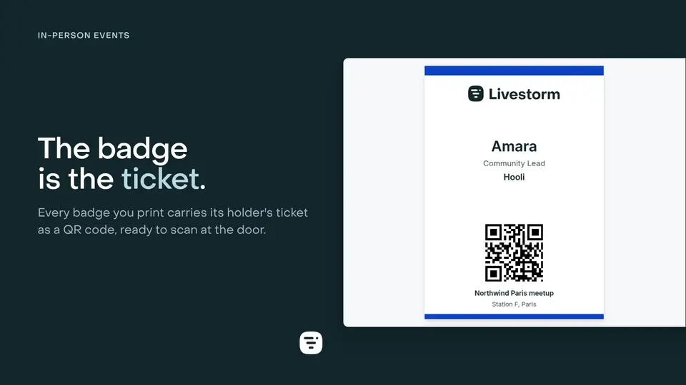 One attendee badge from the badge print view, one per page: the accent band and the logo, a name, a job title and a company, the person’s ticket QR code under them, then the event and its venue