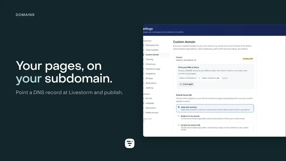 The Custom domain setting mid-setup, showing the CNAME record to create, the Awaiting DNS state, and what the default Livestorm URL does afterwards