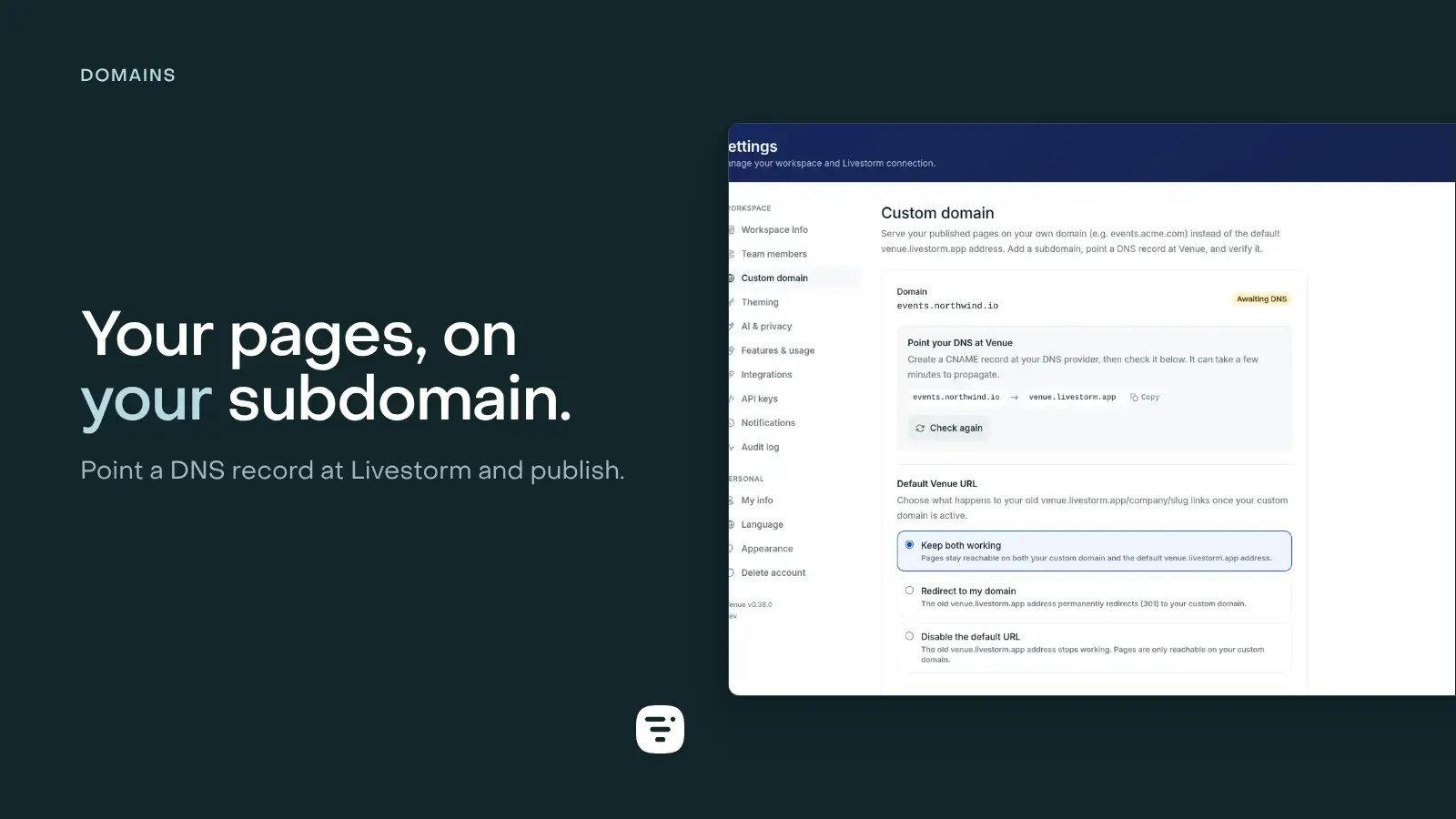 The Custom domain setting mid-setup, showing the CNAME record to create, the Awaiting DNS state, and what the default Livestorm URL does afterwards