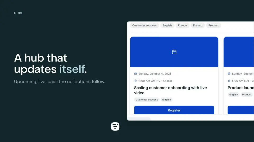 A hub’s event grid as a visitor sees it: the tag filters across the top, then event cards with their date, time, title, tags and Register button