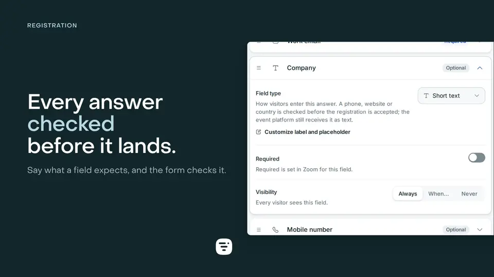 One field’s settings open in the page builder, its Field type set to Short text, above the Required toggle and the Always / When / Never visibility control