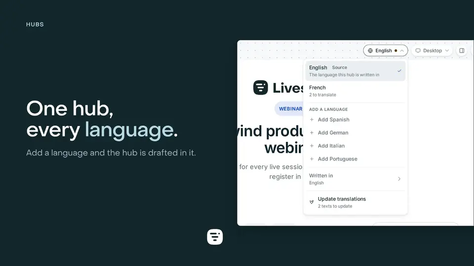 The language menu of a hub in the builder, open on its source language, a French version left to translate, and the languages it can still take