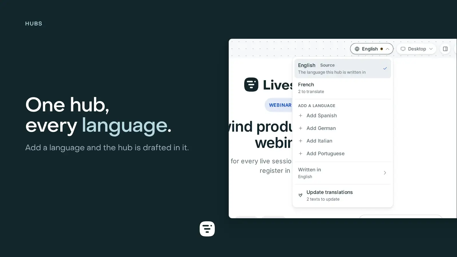 The language menu of a hub in the builder, open on its source language, a French version left to translate, and the languages it can still take
