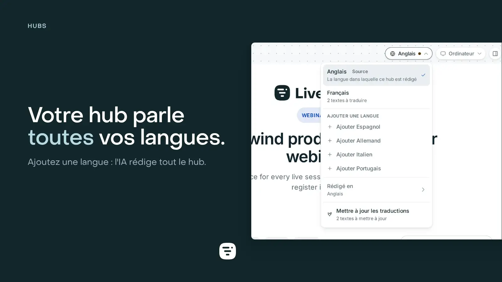 Le menu des langues d’un hub dans l’éditeur : sa langue source, une version française à traduire, et les langues qu’on peut encore ajouter