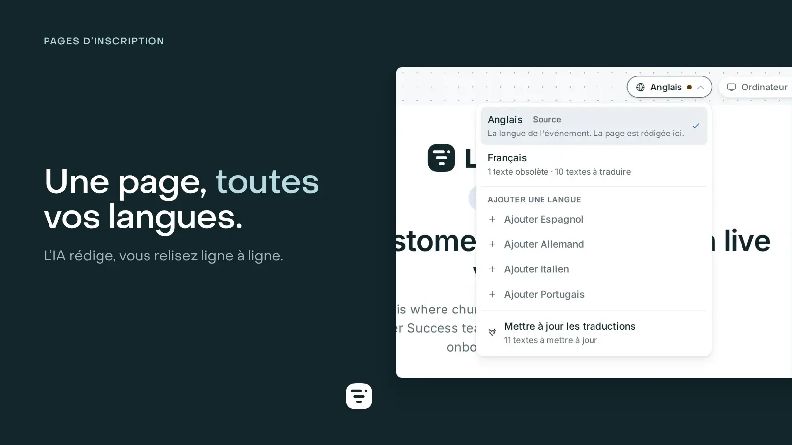 Le menu de langue de la page ouvert au-dessus du canevas du builder : l’anglais comme langue source, le français avec ce qui est obsolète et ce qui reste à traduire, quatre autres langues à ajouter, et l’action pour mettre à jour les traductions