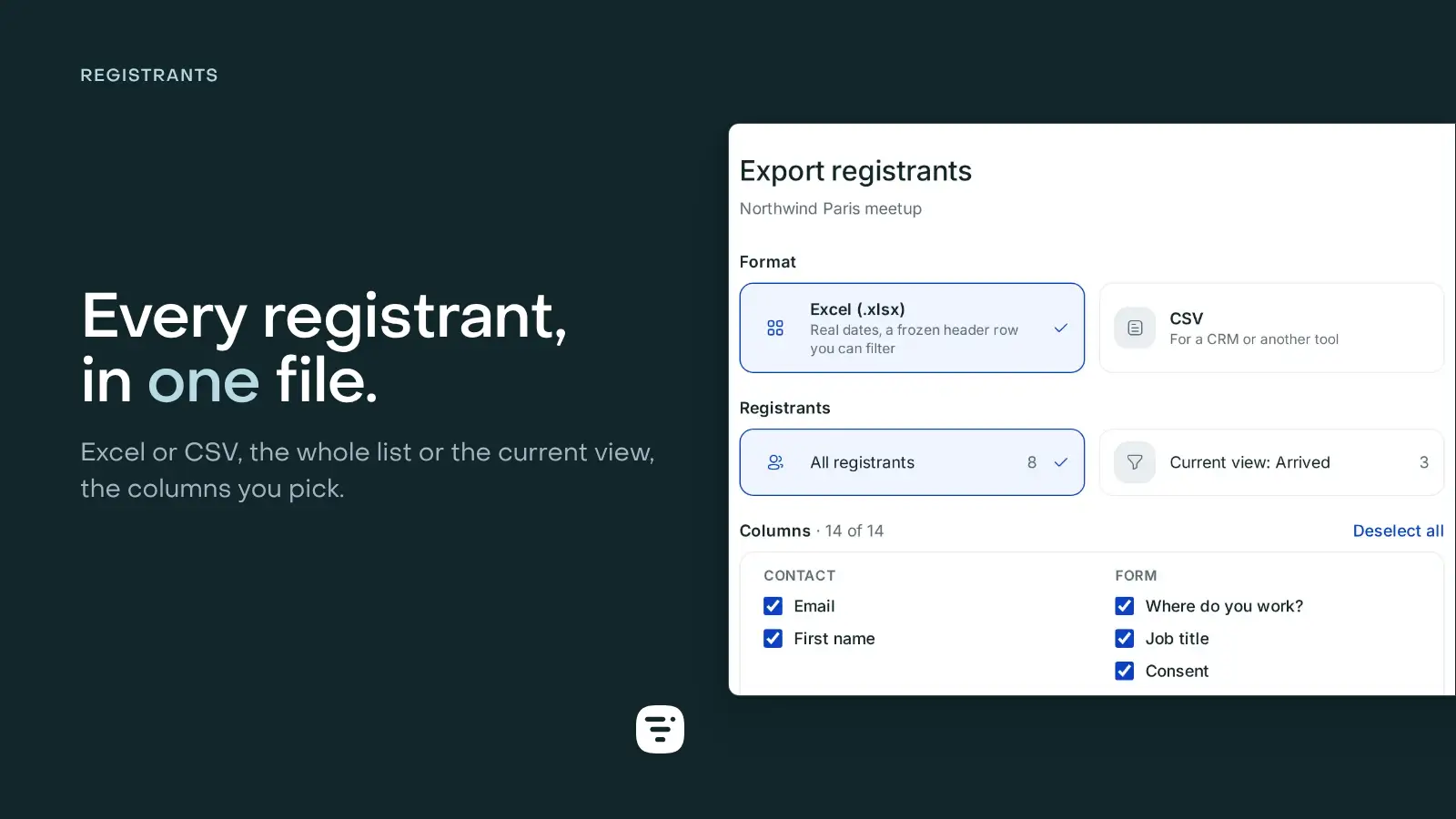 The Export registrants window: Excel (.xlsx) or CSV, all registrants or the current view (Arrived), and the columns grouped under Contact and Form, all ticked