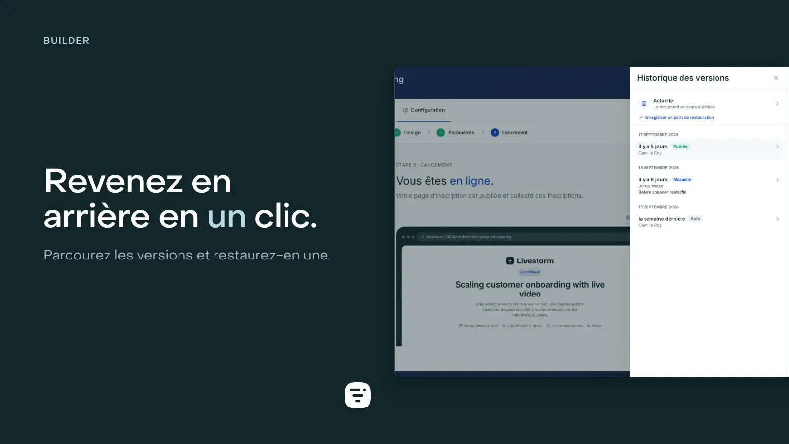 Le panneau d’historique des versions ouvert à côté d’une page, avec la version actuelle et les points de sauvegarde, et la façon dont chacun a été créé